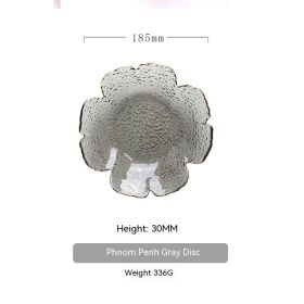 Japanese Style Hammer Pattern Petal Glass Bowl Plate Set (Option: M Plate Smoky Gray Golden Edge)
