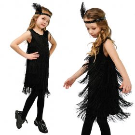 Child Girl Retro Latin Dance Performance Wear Tassel Dress (Option: EE056 BLK-4to6 Years Old)