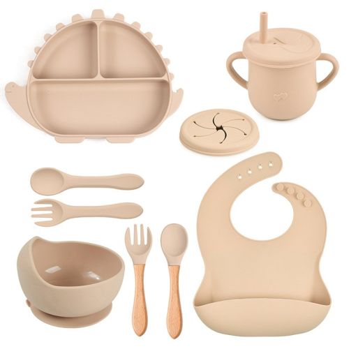 8-piece Children's Silicone Tableware Set Dinosaur Silicone Plate Bib Spoon Fork Cup Baby Silicone Plate